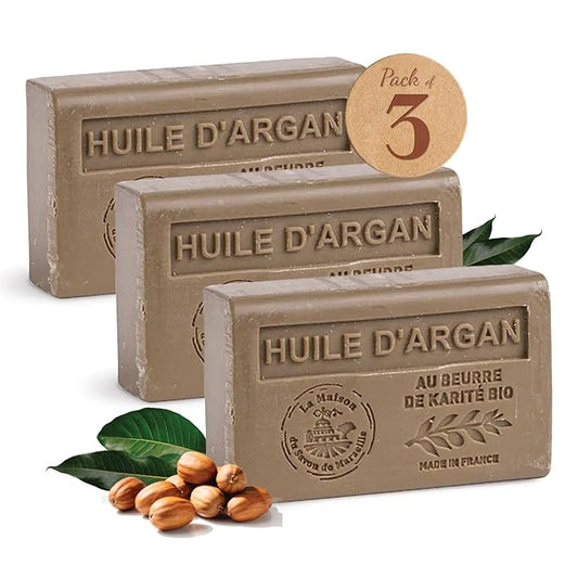 Hand & Body Soap Bars Trio - Argan Oil Moisturizing French Soap with Organic Shea Butter - Rich Creamy Lather - 97% Natural Ingredients - Solid Bath Cleanser Made in Provence - 3x4.4 oz
