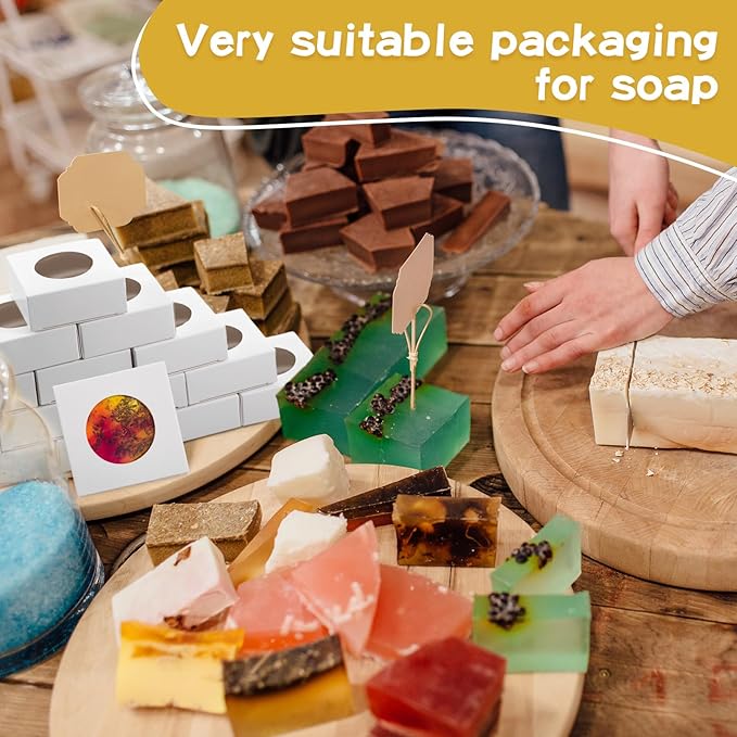TaoBary 100 Pcs Soap Boxes for Homemade, 3 x 3 x 1.2 Inch Small Paper Gift Packaging Boxes with Window, Gift Wrappers for Soap Packaging Making Party Favor(Round,White)