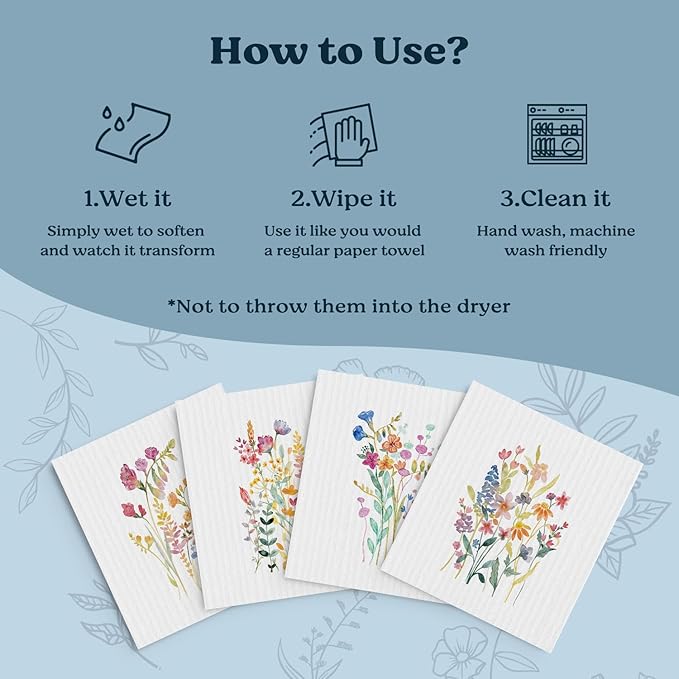 Swedish Dishcloths for Kitchen, Summer Floral Dish Rags Flower Kitchen Dish Towels for Washing Dishes, 4 Pack Reusable Paper Towels, Sponge Cloths for Home Cleaning Cooking Baking