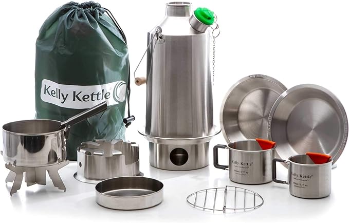 Kelly Kettle Ultimate Base Camp Kit – 54 oz Large Stainless Steel Camp Kettle, Lightweight Camping Kettle with Whistle, Kelly Kettle Stove for Fishing, Hunting, Hiking