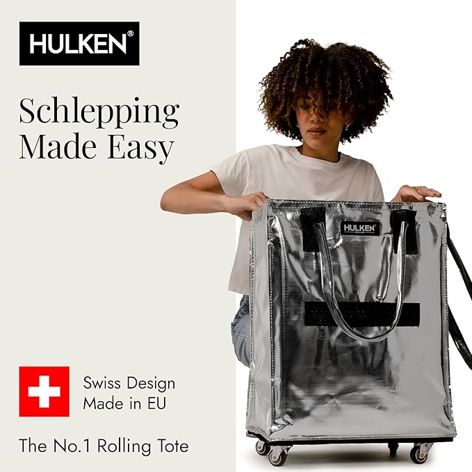 HULKEN (Medium, Silver) Reusable Grocery Bag On Wheels, Shopping Trolley, Rolling Tote, Zipper Closure, Lightweight, Carries Up to 66 lb, Folds Flat, Unbreakable Handles