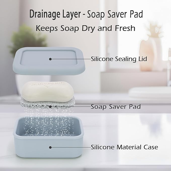 Enhanced Leak-Proof Silicone Soap Case with Drainage Layer. Portable Travel Soap Container for Camping,Gym .Shatterproof Compact Bar Soap Holder (Light Gray)