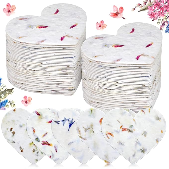 50 Pcs Handmade Seed Paper Plantable Wildflower Seed Paper Recycled Flower Petals Tags Wedding Favors for Guests Craft Gifts Cards for Envelope Birthday Party, 5 Styles (Heart)