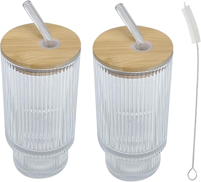 2-Pack Ribbed Glass Tumblers with Lids and Straws - 16oz Iced Coffee Cups, Reusable Glass Cups with Bamboo Lids Set for Tea, Matcha, Cocktails & Sparkling Water - Gift for Christmas, Birthdays