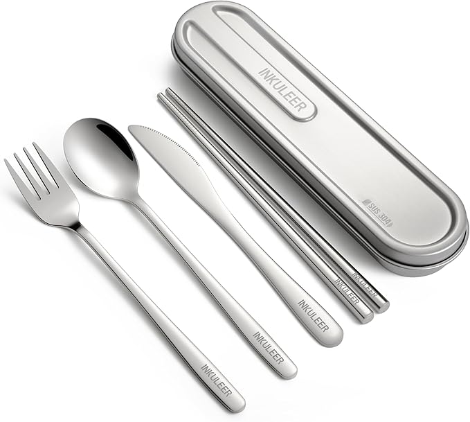 Travel cutlery set, 18/8 stainless steel cutlery, Reusable utensils set with case, Portable Silverware Lunch Box for Camping and Office