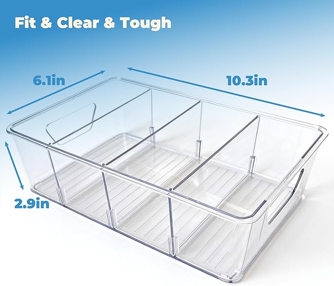 Stackable 4 Pack Pantry Storage Organizer Bins, Clear Plastic with 3 Removable Dividers, for Fridge, Snack, Organizer – BPA Free Perfect in Kitchen, Refrigerator