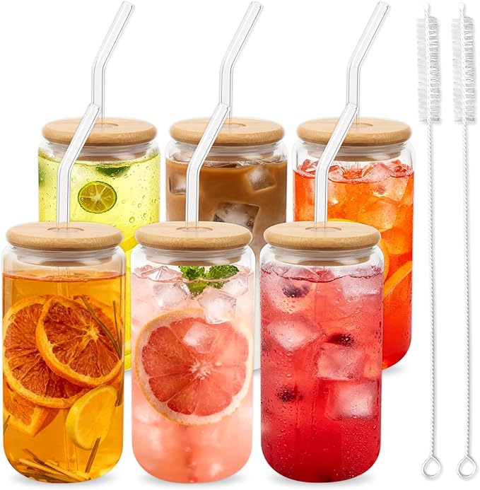 Glass Cups with Lids and Straws 16 oz, 6-Pack Borosilicate Glass Tumbler with Bamboo Lids & Glass Straws, for Iced Coffee, Bubble Tea, Beer, Reusable Drinking Glasses Set Include Cleaning Brush