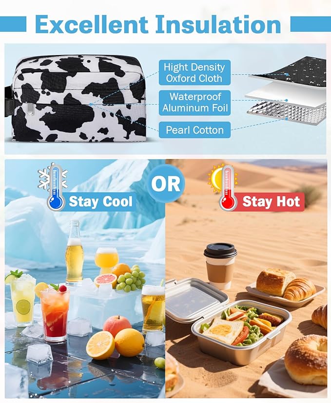 Small Insulated Snack Bag Lunch Box,Collapsible Reusable Small Lunch Bag with Snap Buckle Handle for Beach Travel Picnic,Cow Print 5-Can(3L)