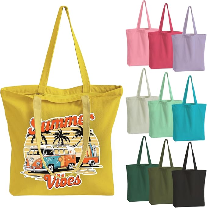 10 Pack Canvas Tote Bag with Zipper, Reusable Grocery Bags with Long Handle, DIY Heat Transfer Sublimation Blanks Shopping Bags for Advertising, Birthday,Thanksgiving, Christmas Gift Bags