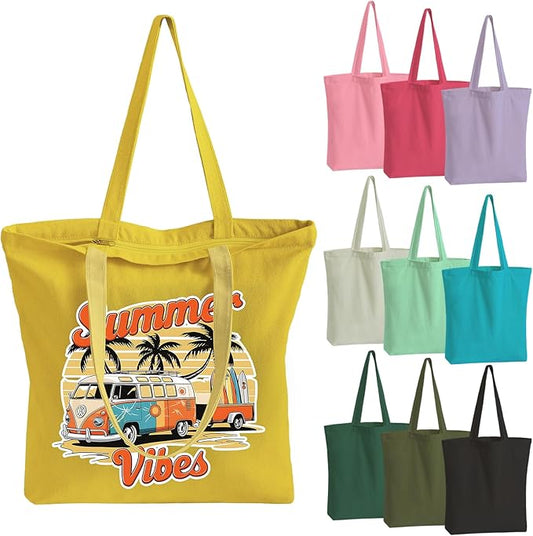 10 Pack Canvas Tote Bag with Zipper, Reusable Grocery Bags with Long Handle, DIY Heat Transfer Sublimation Blanks Shopping Bags for Advertising, Birthday,Thanksgiving, Christmas Gift Bags
