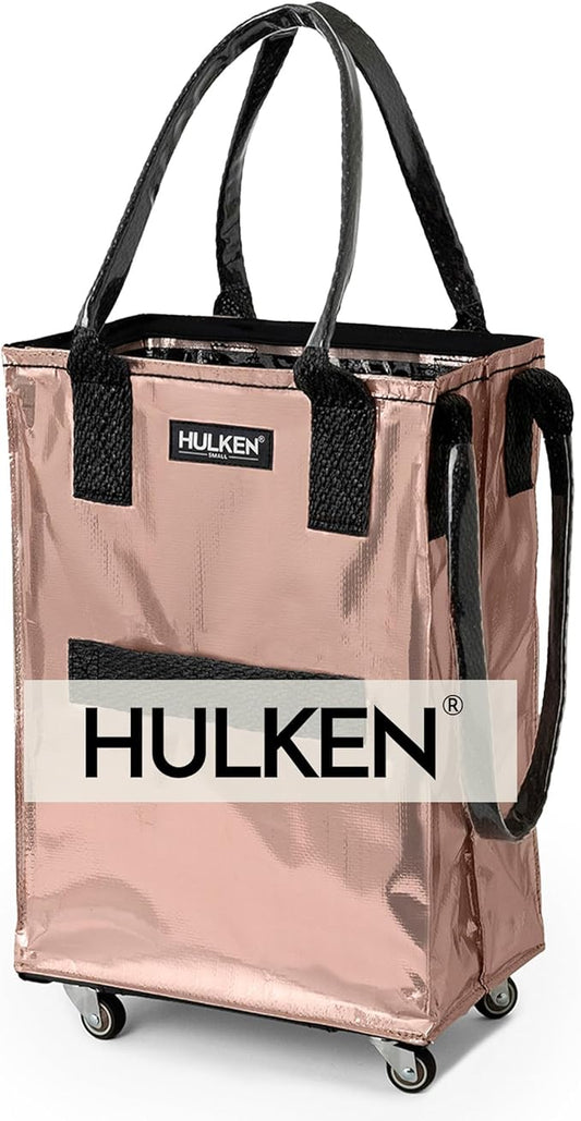 HULKEN (Small, Rose Gold) Reusable Grocery Bag On Wheels, Shopping Trolley, Rolling Tote, Zipper Closure, Lightweight, Carries Up to 66 lb, Folds Flat