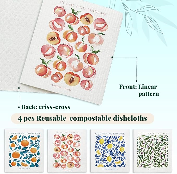 Swedish Dishcloths for Kitchen, Papaya Reusable Paper Towels Washable, Cucina Doliva Oranges Peach Lemon Swedish DishCloths for Friut, 4 Pack Dish Towels for Kitchen