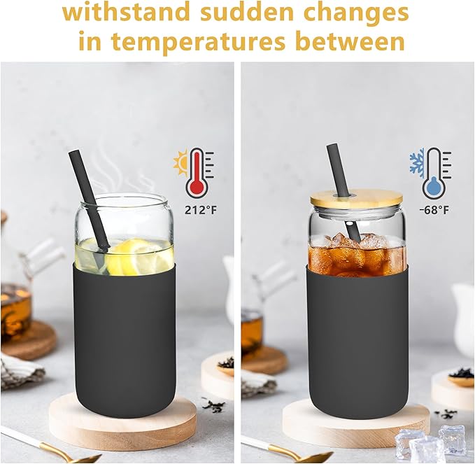 20oz Glass Coffee Cups with Lids and Straw Iced Coffee Glasses with Silicone Protective Sleeve Drinking Glasses Set of 4 for Juice Beer Smoothie(Mixed ColorA)
