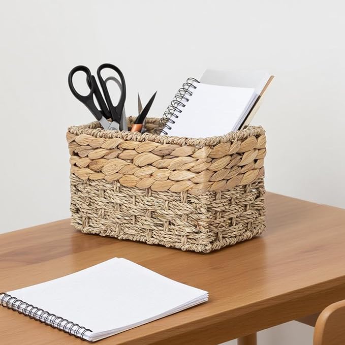 Handmade Water Hyacinth Storage Basket, Woven Basket Organizer with Inner Handles for Home & Office Decor (Small-2PCS)