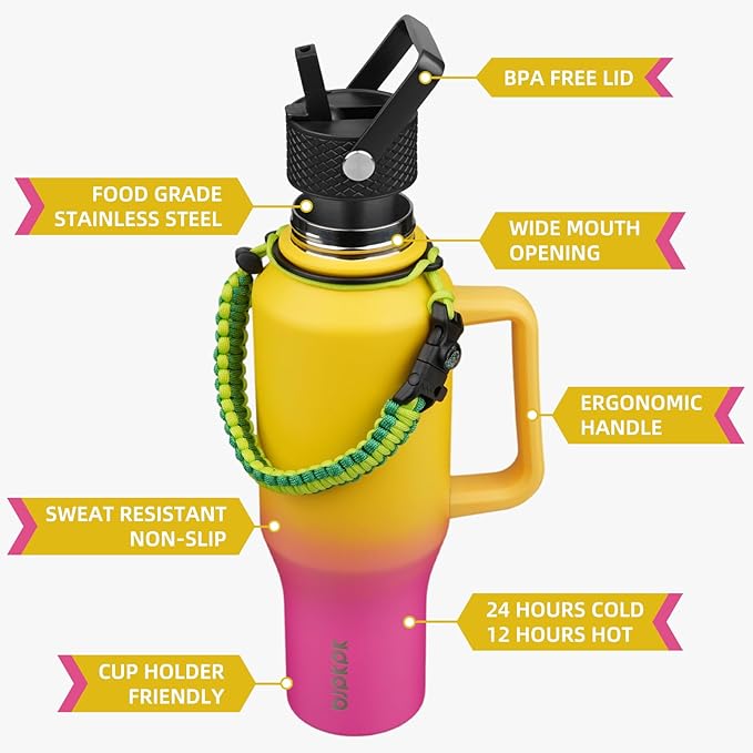 BJPKPK Insulated Water Bottles with Straw Lid, 40oz Metal Water Bottle with 2 lids & Paracord Strap, Double Wall Stainless Steel Tumbler with Handle, Reusable Cups, Mugs, Thermo, Pink & Yellow Rose