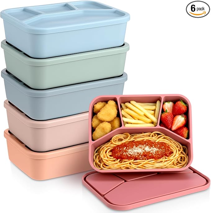 Honeydak 6 Pcs Silicone Bento Box Reusable Lunch Container 4 Compartment Snack Boxes with Lid Smooth LeakProof Rectangle Food Boxes for Adult Work Travel Food Storage (Vintage Color)