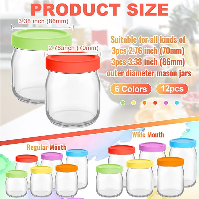12 Pcs Mason Jars 6 Wide and 6 Regular Mouth Lids Mason Jar Lids Thickened Leak Proof Lid for 86mm, 70mm Wide and Regular Mouth, Reusable Canning Jar Caps(Red Orange Yellow Green Blue Purple)