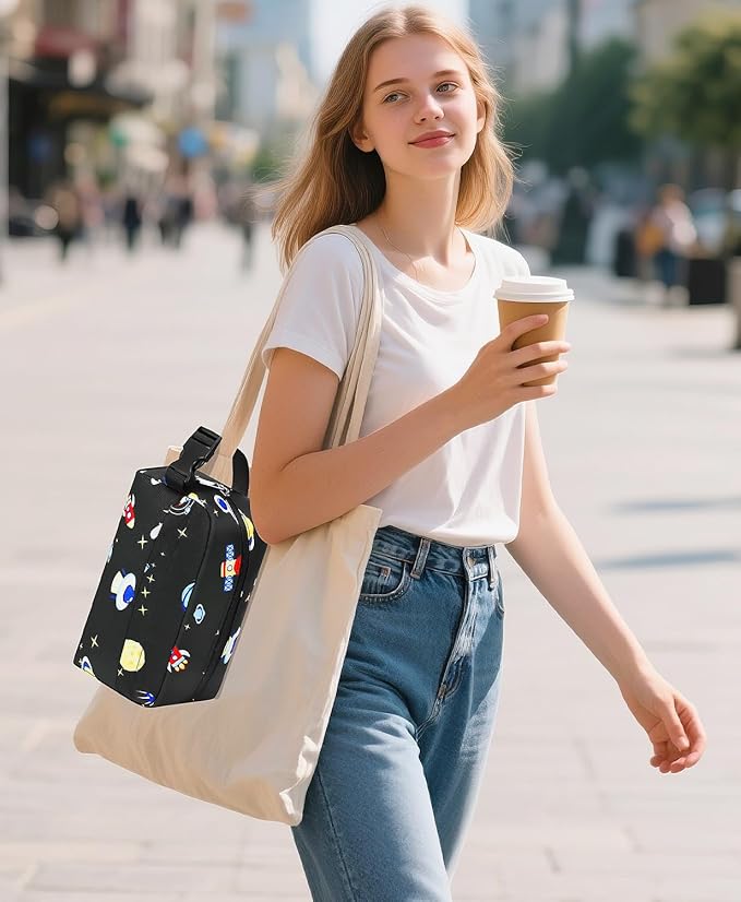 Small Insulated Snack Bag Lunch Box,Collapsible Reusable Small Lunch Bag with Snap Buckle Handle for Beach Travel Picnic,Planetary Astronauts 5-Can(3L)