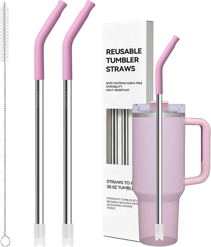 Metal Straw Reusable for Stanley 30 OZ Tumbler, 2 Pcs Long Stainless Steel Drinking Straws with Silicone Tip for STANLEY Quencher 30 oz Cups, 1 Straw Brush, BPA Free Dishwasher Safe(Purplish Pink)