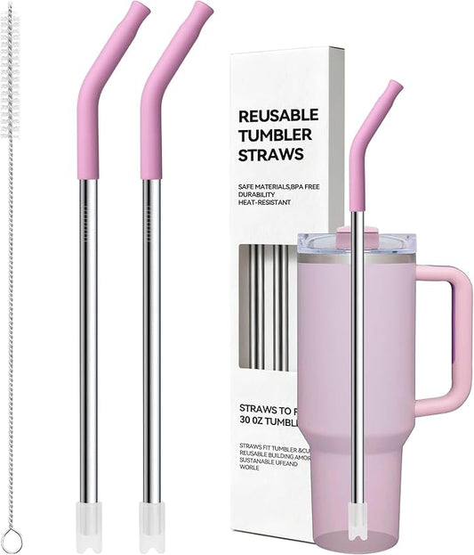 Metal Straw Reusable for Stanley 30 OZ Tumbler, 2 Pcs Long Stainless Steel Drinking Straws with Silicone Tip for STANLEY Quencher 30 oz Cups, 1 Straw Brush, BPA Free Dishwasher Safe(Purplish Pink)