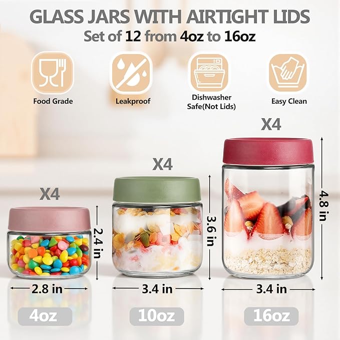 12 Pack 4oz 10oz 16oz Glass Jars with Lids, Overnight Oats Containers, Airtight Yogurt Storage Containers, Wide Mouth Mason Jars, Salad, Snacks, Spices, Meal Prep - Reusable