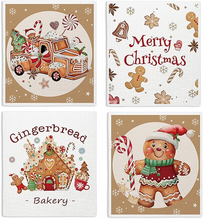 Swedish Dishcloths for Kitchen, Christmas Xmas Gingerbread Winter Kitchen Dish Towels for Washing Dishes, 4 Pack Reusable Paper Towels, Sponge Cloths for Holiday Home Cleaning Baking Cooking