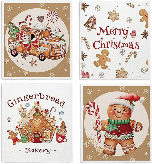 Swedish Dishcloths for Kitchen, Christmas Xmas Gingerbread Winter Kitchen Dish Towels for Washing Dishes, 4 Pack Reusable Paper Towels, Sponge Cloths for Holiday Home Cleaning Baking Cooking