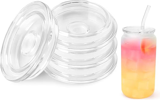 Joyclub 4 Pack Acrylic Lids for 16 oz Glass Cups with Bamboo Lids and Straws Reusable Iced Coffee Cup Beer Can Drinking Glasses for Smoothie Whiskey Boba Soda Tea Gift (Clear)