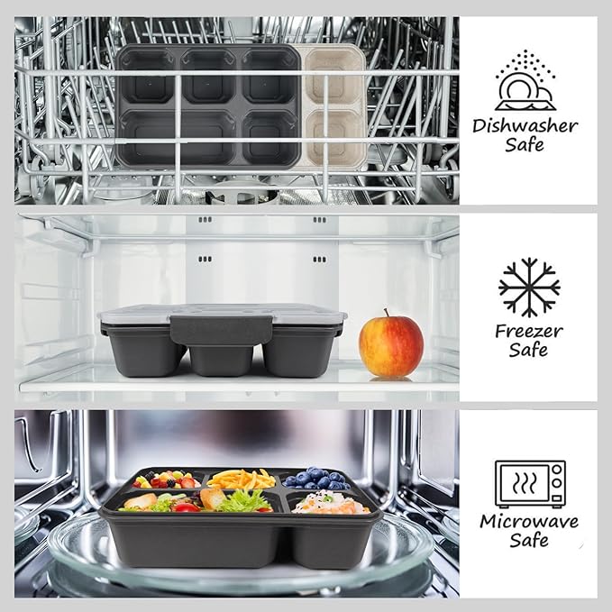 greenandlife 4 Pack Bento Lunch Box Set for Kids Adults, 5 Compartment Reusable Wheat Straw Meal Prep Food Storage Snack Containers, Stackable Snack box, Microwave and Dishwasher Safe, Grey+Black