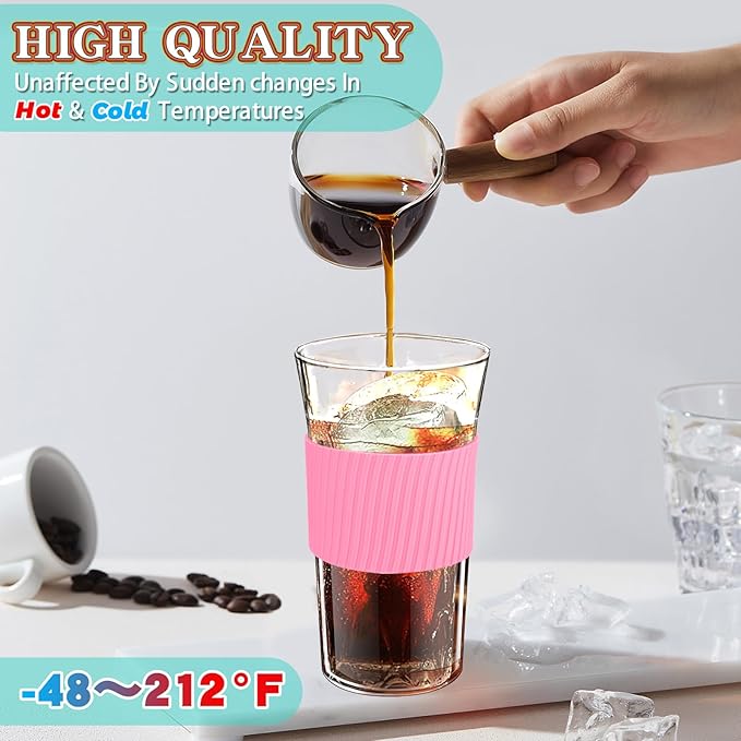 2 pcs Iced Coffee Cups with Lids, 16 oz Glass Cups with Lids and Straws, Reusable Tumbler with Silicone Sleeve, Wide Mouth Can Shaped Drinking Glasses for Coffee Juice Water Smoothie (Pink)