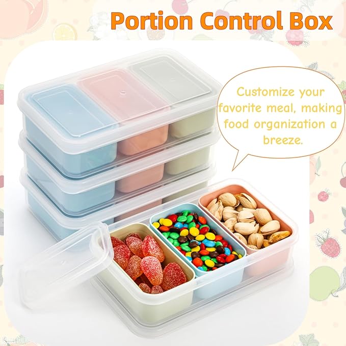 4 Set Snack Containers with 3 Compartments, Small Reusable Bento Box Lunch Container with Leak-proof Lids, Mini Removable Divided Meal Prep Box for Work Travel in Compact Size, Microwave Safe