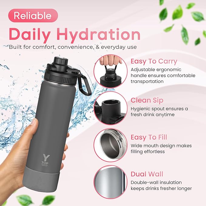 Y TOP 24oz Insulated Water Bottle Cup Holder Friendly, Leak Proof Spout Lid, Double Wall Insulation, Dishwasher Safe, Easy Clean Stainless Steel Water Bottle for Gym Kids Sports Travel School Hiking
