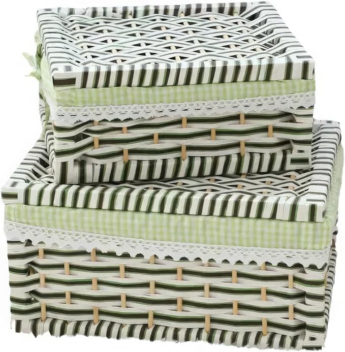 Paper Rope Storage Basket with Lid,Handmade Woven Rustic Green Shelf Basket for Organizing, Decor-Detachable & Washable Lining (Set of 2)