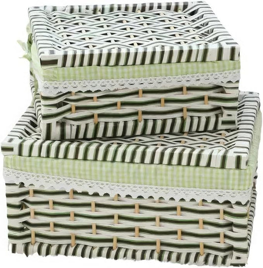 Paper Rope Storage Basket with Lid,Handmade Woven Rustic Green Shelf Basket for Organizing, Decor-Detachable & Washable Lining (Set of 2)