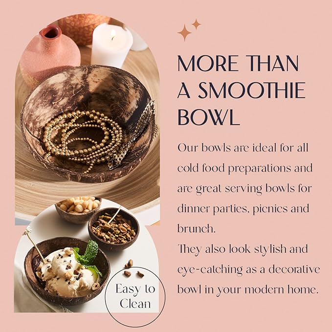 Coconut Bowl Set with Wooden Spoons –White Elephant Gifts For Adults, Christmas Gifts. Eco-Friendly Acai Bowls, Yogurt Bowls & Smoothie Bowl – Ideal for Ninja Creami (2, Natural)