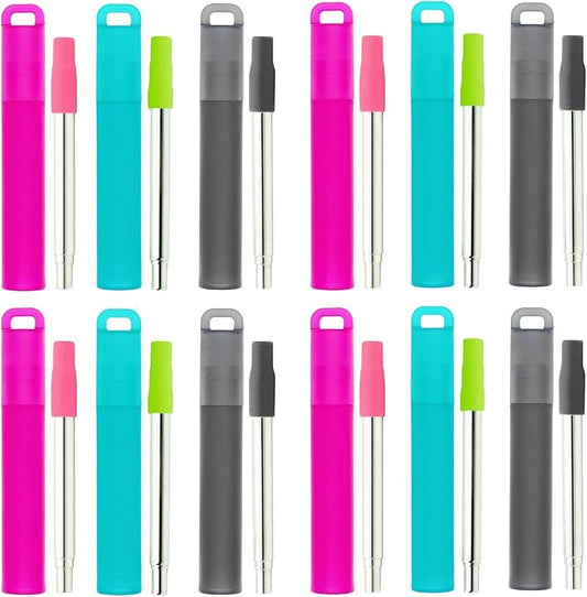 NAIVELY-Reusable Straws 12 Pack Collapsible Metal Straws,Portable Retractable Travel Drinking Straws with Case, Silicone Tips and Cleaning Brush