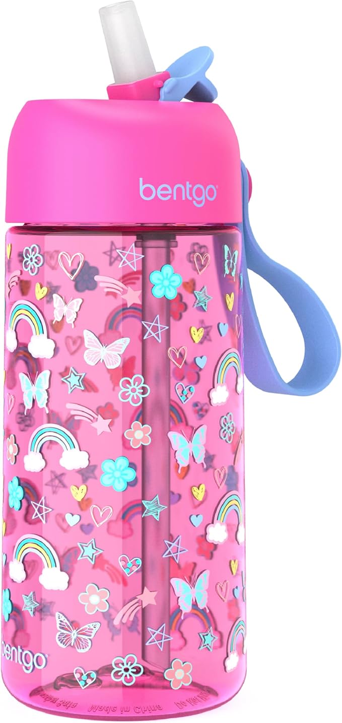 Bentgo Kids Water Bottle - Leak-Proof, Durable Tritan, BPA-Free 15 oz. Cup for Kids/Toddlers Ages 3+, Safe Sip Spout, Carrying Handle, & Dishwasher Safe for School & Sports (Rainbows & Butterflies)