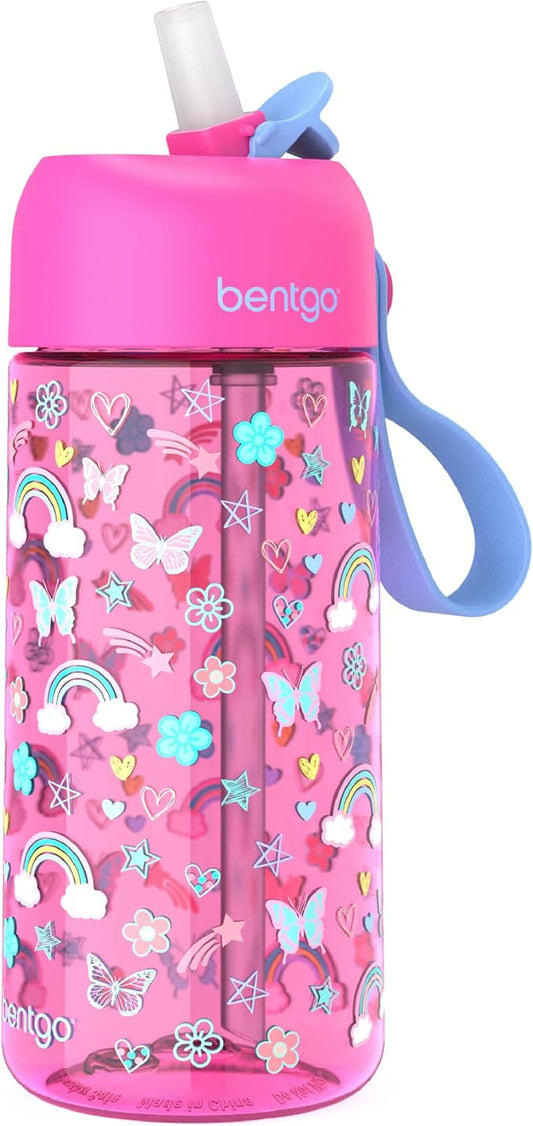 Bentgo Kids Water Bottle - Leak-Proof, Durable Tritan, BPA-Free 15 oz. Cup for Kids/Toddlers Ages 3+, Safe Sip Spout, Carrying Handle, & Dishwasher Safe for School & Sports (Rainbows & Butterflies)