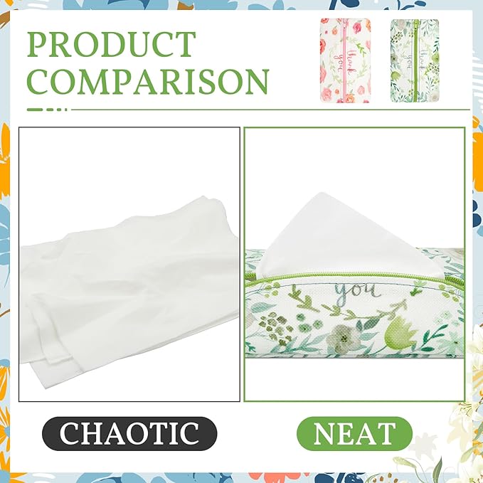 Kigeli 2 Pieces Purse Tissue Holder Travel Tissue Pouch for Purse Fabric Zipper Enclosed Pouches Reusable Flower Pattern Paper Holder for Coins, 5.25 x 3 Inches(Flower and Leaf)