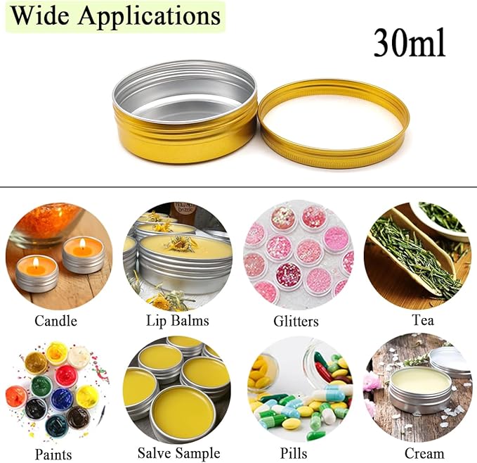 12pcs 1oz 30ml Aluminum Tin Jar, 30g Refillable Makeup Container, 30 Gram Gold Screw Lid Round Can Sample Pot for Cosmetic DIY, Handmade, Lip Balm, Cream, Salve, Toner, Candle, Paint, Scrub