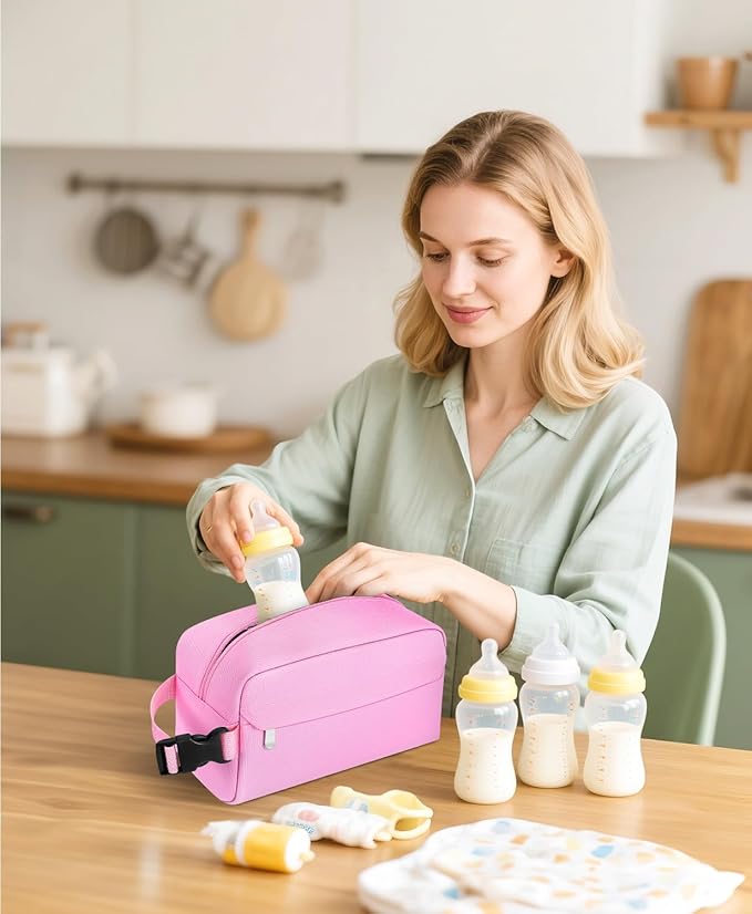 Small Insulated Snack Bag Lunch Box,Collapsible Reusable Small Lunch Bag with Snap Buckle Handle for Beach Travel Picnic,Pink 5-Can(3L)