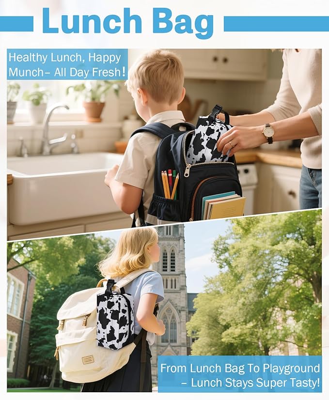 Small Insulated Snack Bag Lunch Box,Collapsible Reusable Small Lunch Bag with Snap Buckle Handle for Beach Travel Picnic,Cow Print 5-Can(3L)