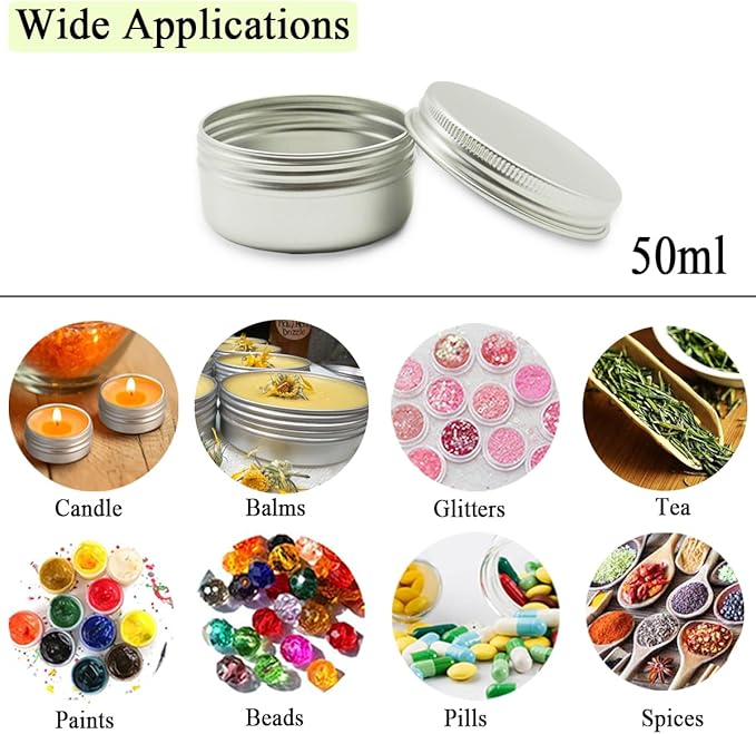 10pack 50ml Silver Aluminum Tin, 50 Gram Containers Leak Proof Cosmetic Jars, 50g Small Makeup Containers Round Screw Lids for Cosmetic, Salves, Lip Balms, Toner, Cream, Candle, Tea, Beads