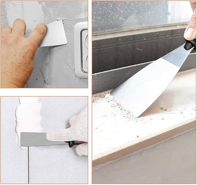HAUTMEC 4pc Putty Knife Set, Paint Scraper, Flat Heavy Duty Stainless Steel Blade and Hammer End for Removing Wallpaper for Puttying Plaster, Cement