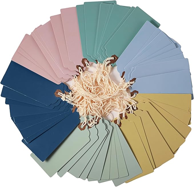 Outus 60 Pcs 4 3/4-in x 2 3/8-in Blank Large Paper Gift Tags with String and Reinforced Eyelet Wire Writable Price Tags Shipping Labels Inventory Labels(Pastel Color)