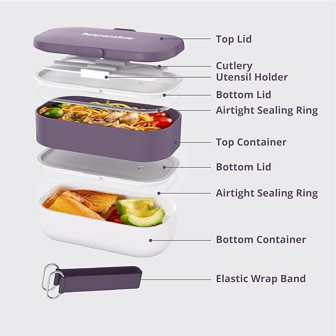 Responsible Products Leak Resistant Bento Box with Tableware for Adult - Teens, Insulated Lunch Box for Women - Men - Girls - Boys, BPA Free, Dishwasher Safe, Microwave Safe, Freezer Safe, 46 oz