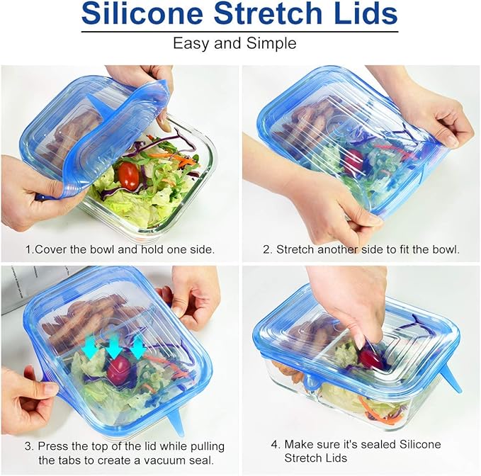 [12pack] Longzon Silicone Stretch Lids 6 Clear Round 6 Blue Rectangle, Magic Lids Reusable Food Covers for Bowls, Cups, Cans, Fit Different Sizes & Shapes of Container, Dishwasher & Freezer Safe