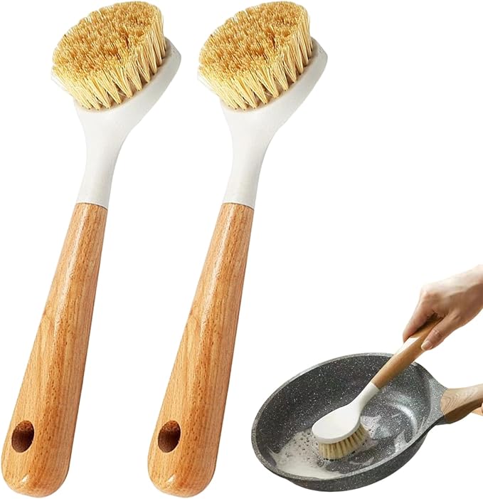 2Pcs Dish Brush with Handle Nylon Scrub Brush with Wooden Handle Hanging Hole Cleaning for Dishes Pots Cast Iron Skillet