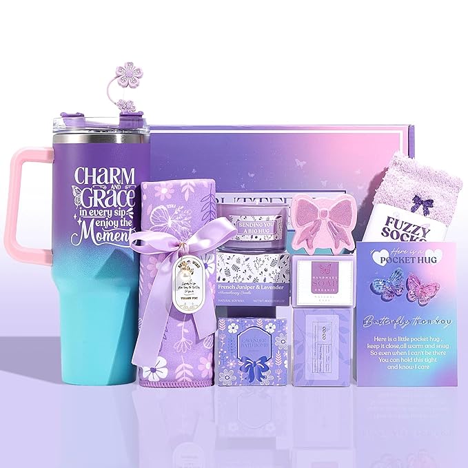 Birthday Gifts for Women Self Care Gifts Get Well Soon Gifts, Lavender Relaxing Spa Gift Basket Care Package, Gifts Box Thank You Gift Christmas Gifts for Mom Wife Girlfriend Coworker Friends Sisters