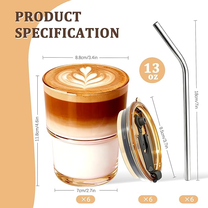 6 Packs Glass Tumbler with Lid and Straw Ice Coffee Cup Bridesmaids Proposal Gifts for Wedding Day Sets Thank You Stuffers Box Fillers Party Accessories Essentials Guest Favors Bulk